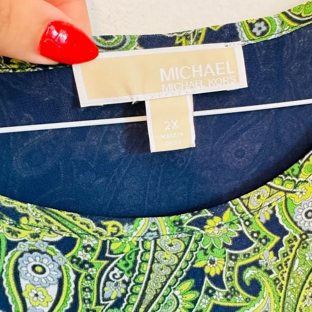 MICHAEL KORS Green White Navy Blue Paisley Print Tunic $120 Blouse Top Shirt 2X